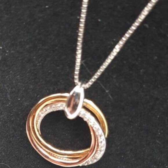 Estate Macy's Diamond Tri-Color 14K gold over/SS Circle Infinity Necklace - Picture 6 of 8